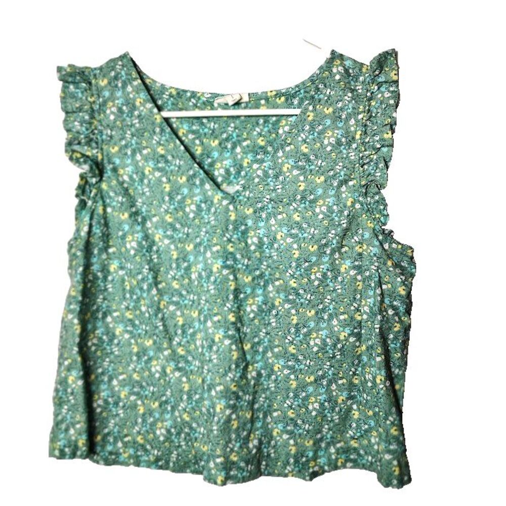 Ana Green Floral Sleeveless Top Ruffled L 100% Cotton Bust 41 Made in India